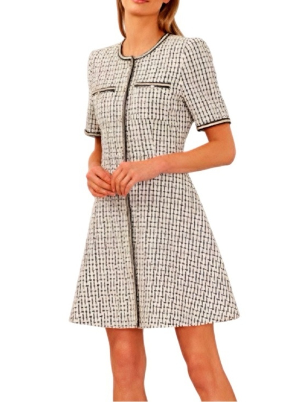 CeCe | Crew Neck Black & White Tweed Fit & Flare Dress Silver Button Down